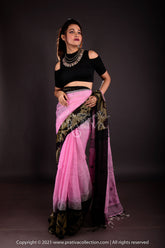 Pure Linen Karat Jamdani In Baby Pink Colour